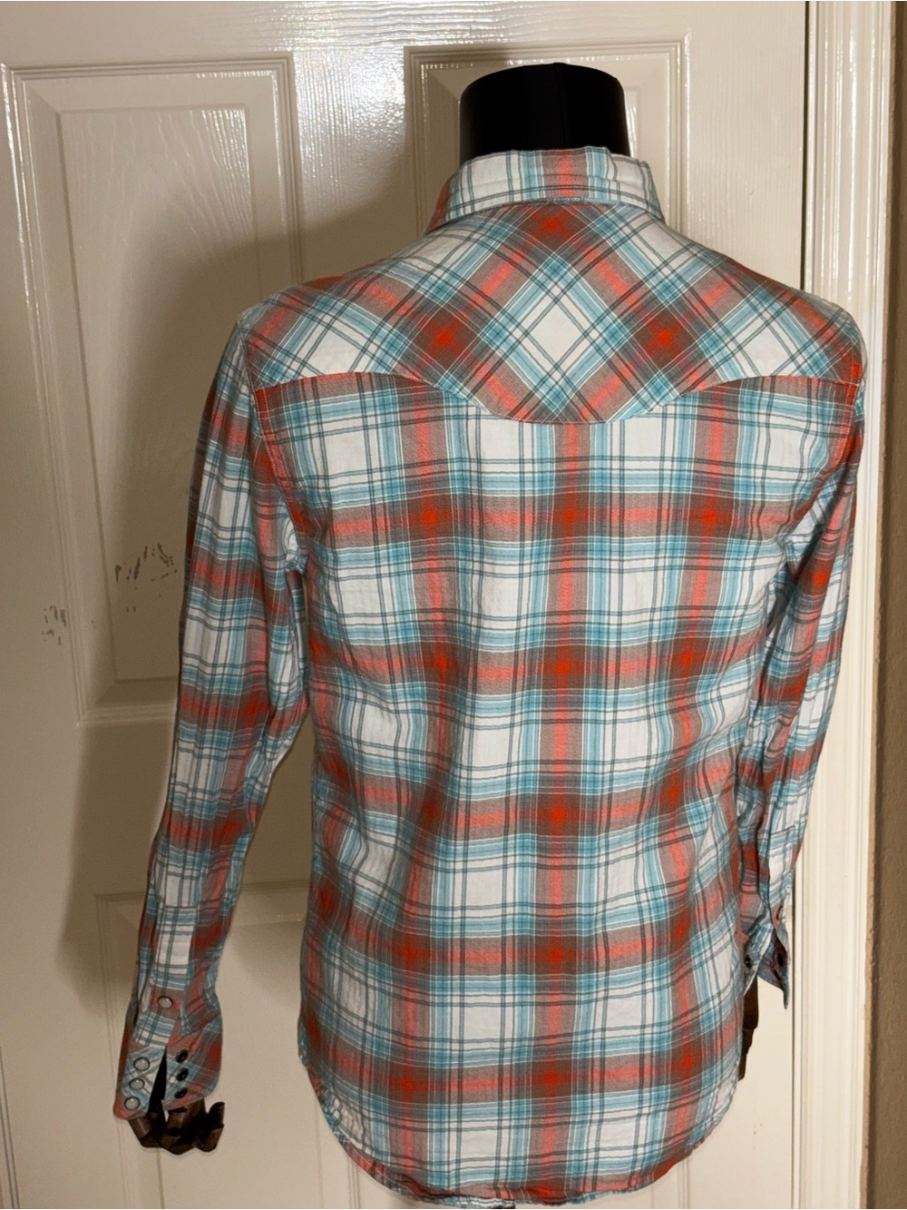 Tecovas Shirt Mens Small Orange Blue Plaid Western Pearl Snap Long Sleeve - Picture 3 of 10